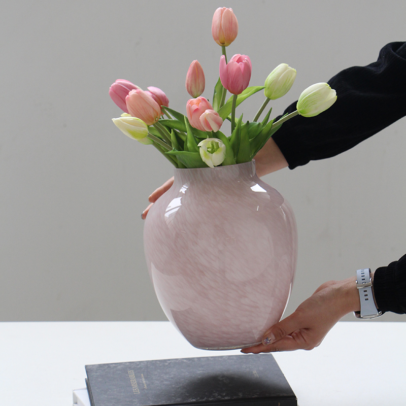 北欧中古淡粉色玻璃花瓶鲜花郁金香圆桶花器高颜值插花客厅装饰摆