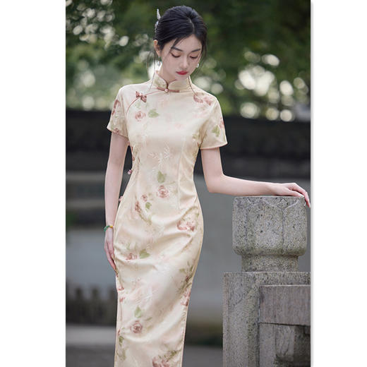 GX复古国风年轻女士长款短袖旗袍2025夏季新款改良中式优雅修身旗袍 商品图3