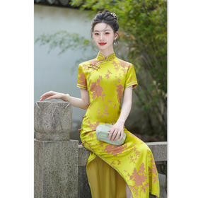 GX复古国风高级感人丝长款黄色送考旗袍2025夏季新款旗袍