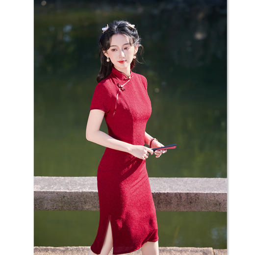 GX送考红色旗袍裙2025夏季新款时尚改良新中式新娘订婚旗袍旗开得胜 商品图3