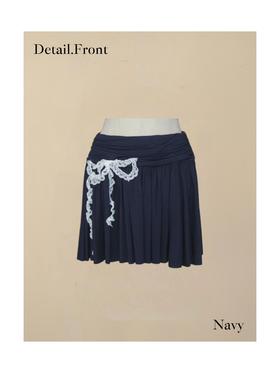蕾丝蝴蝶结半裙 深蓝/燕麦