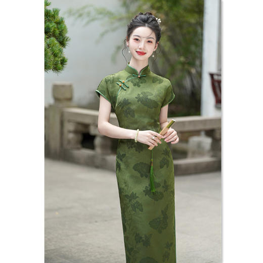 GX绿色高考送考国风中式长款改良旗袍2025年新款女复古修身短袖夏季 商品图3