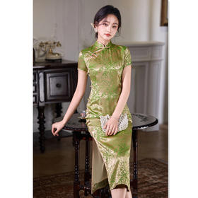 GX复古国风长款绿色送考妈妈旗袍2025夏季新款气质旗袍裙