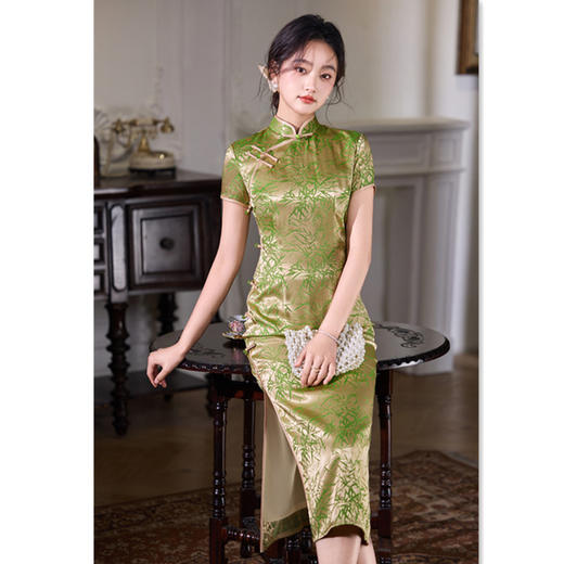 GX复古国风长款绿色送考妈妈旗袍2025夏季新款气质旗袍裙 商品图0