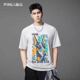 PINLI品立2025夏季新款狗狗印花短袖T恤男潮牌休闲圆领体恤衫上衣BG252111036