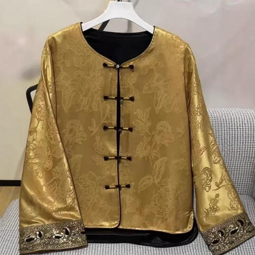 丁摩 气质矜贵国风圆领盘扣单排扣宽松复古春秋新款人丝冠乐绉外套5ZF-4076 商品图0