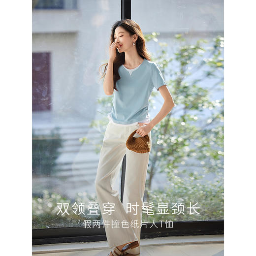【专属特价】熙世界浅蓝色假两件T恤女短袖2025夏新款设计感掐腰正肩显瘦上衣 商品图2