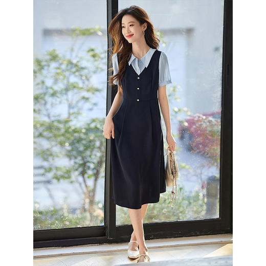 【初夏新品】熙世界假两件撞色短袖连衣裙女2025夏季新款通勤教资面试衬衫裙子 商品图4