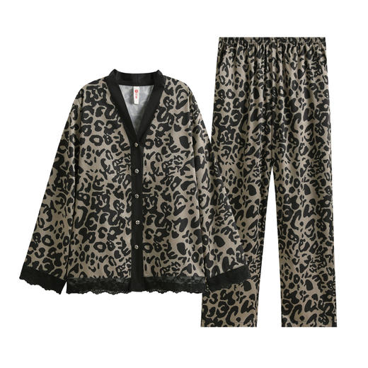 芬腾性感豹纹春夏款睡衣女冰丝薄款宽松大码仿真丝长袖家居服套装 商品图4