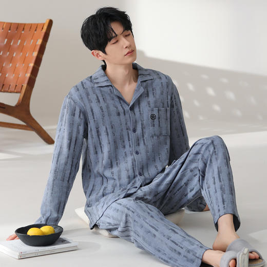 芬腾男士男生睡衣纯棉长袖套装秋季新款时尚休闲简约全棉家居服 商品图0