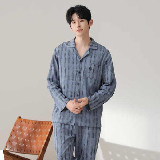 芬腾男士男生睡衣纯棉长袖套装秋季新款时尚休闲简约全棉家居服 商品图2