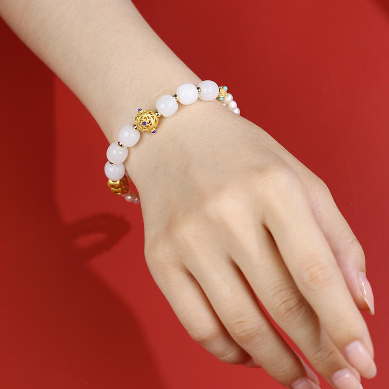 【宫里手串】琉璃雪和田玉羊脂白玉手串 晴山蓝青金石手串