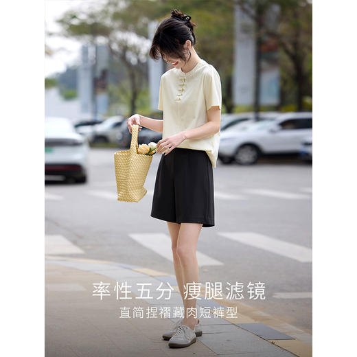 【专属特价】熙世界黑色西装短裤女2025夏季新款通勤休闲四分直筒裤窄版阔腿裤 商品图3