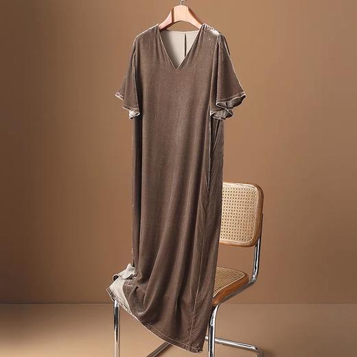 丁摩 真丝绒短袖连衣裙春夏新款系带高端桑蚕丝大码短袖连衣裙女5ZF-4074 商品图1