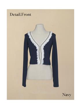蕾丝钉珠开衫 深蓝/燕麦