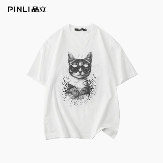 PINLI品立2025夏季新款男士猫咪印花金属烫片圆领短袖T恤上衣潮牌BG252111037 商品图4