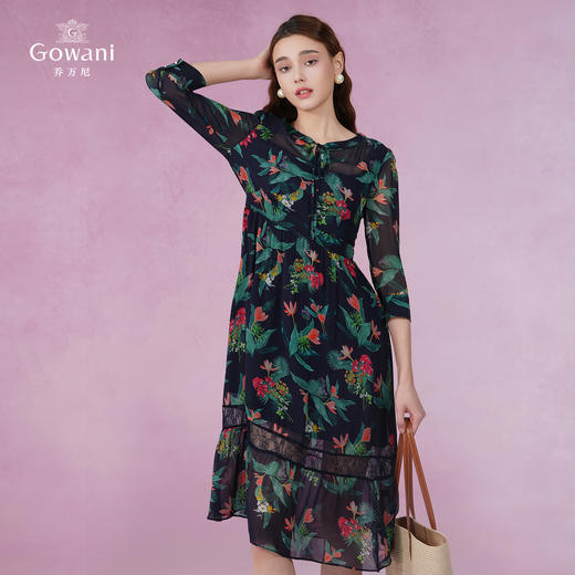 乔万尼新款真丝连衣裙系带拼接设计感优雅EI2E803 商品图2