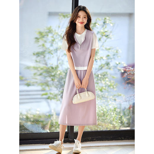 【周末秒杀】熙世界粉色休闲套装女夏季2025年新款假两件短袖上衣半身裙两件套 商品图2