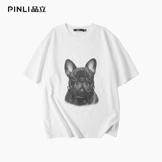 PINLI品立2025夏季新款狗狗印花烫钻短袖T恤男休闲圆领体恤衫上衣BG252111028 商品图3