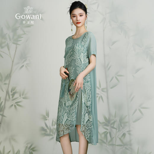 乔万尼真丝桑蚕丝连衣裙女夏装宽松气质开叉绣花真丝裙子EN2E628 商品图2