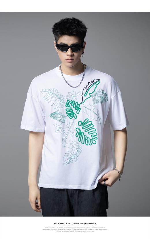PINLI品立2025夏季新款新中式宽松短袖T恤叶子绣花盘绳休闲男上衣B252111024 商品图2