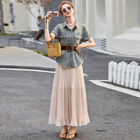 2025新款气质一整套穿搭小个子牛仔Polo领短袖衬衫半身裙套装MYL2521