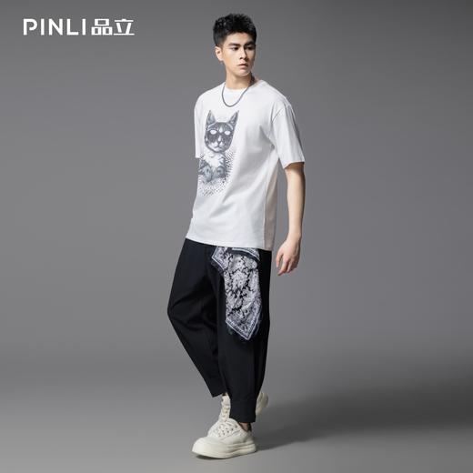 PINLI品立2025夏季新款男士猫咪印花金属烫片圆领短袖T恤上衣潮牌BG252111037 商品图2