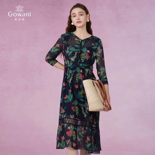 乔万尼新款真丝连衣裙系带拼接设计感优雅EI2E803 商品图1