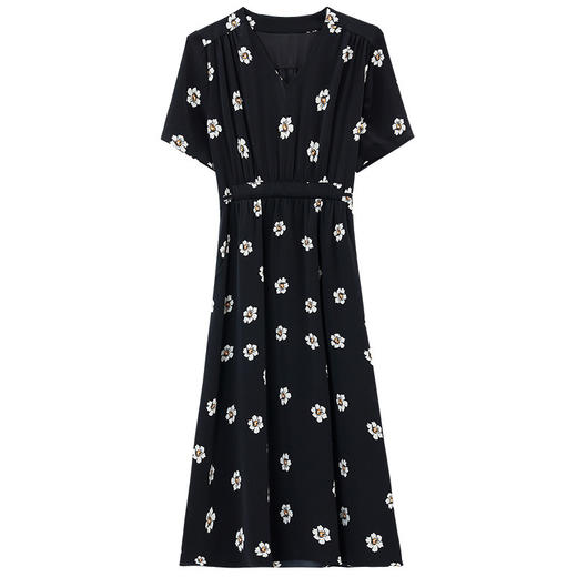 雀说 雪纺碎花v领连衣裙新款夏季女装收腰显瘦裙子气质黑色a字裙5ZF-9062 商品图4