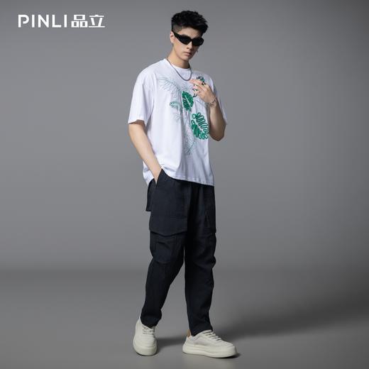 PINLI品立2025夏季新款新中式宽松短袖T恤叶子绣花盘绳休闲男上衣B252111024 商品图3