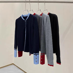 丁摩 春装新款层次感撞色拼接/假两件羊毛圆领针织开衫5ZF-16161