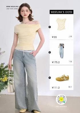 黄色蕾丝拼接斜肩t，纯欲天花板