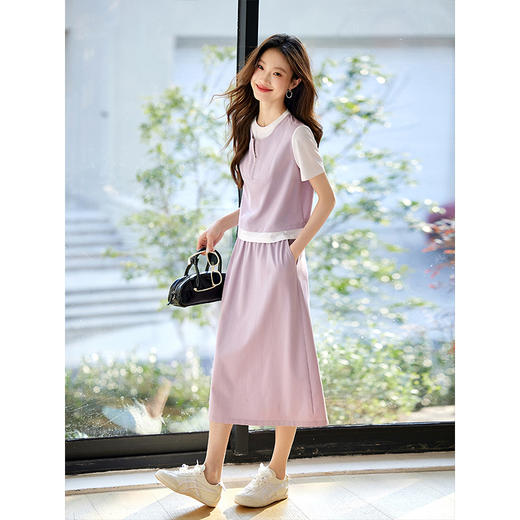 【周末秒杀】熙世界粉色休闲套装女夏季2025年新款假两件短袖上衣半身裙两件套 商品图4