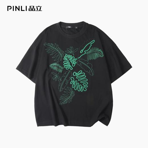 PINLI品立2025夏季新款新中式宽松短袖T恤叶子绣花盘绳休闲男上衣B252111024 商品图7