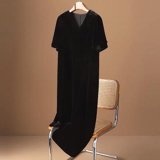 丁摩 真丝绒短袖连衣裙春夏新款系带高端桑蚕丝大码短袖连衣裙女5ZF-4074 商品图0