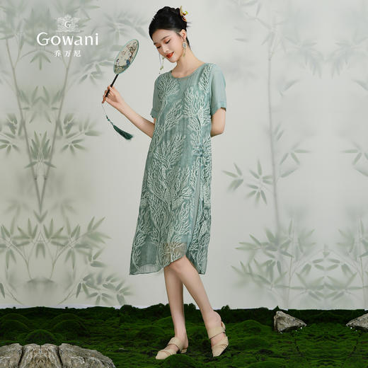 乔万尼真丝桑蚕丝连衣裙女夏装宽松气质开叉绣花真丝裙子EN2E628 商品图3