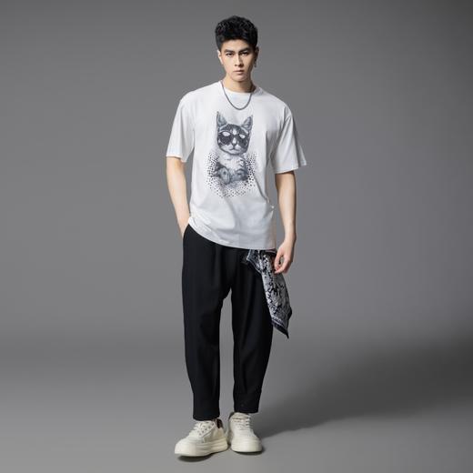 PINLI品立2025夏季新款男士猫咪印花金属烫片圆领短袖T恤上衣潮牌BG252111037 商品图1