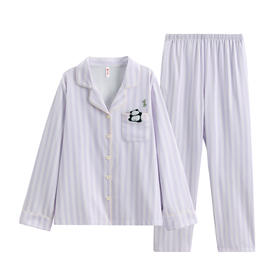 芬腾睡衣女纯棉长袖春季休闲条纹可爱熊猫大码舒适简约家居服套装