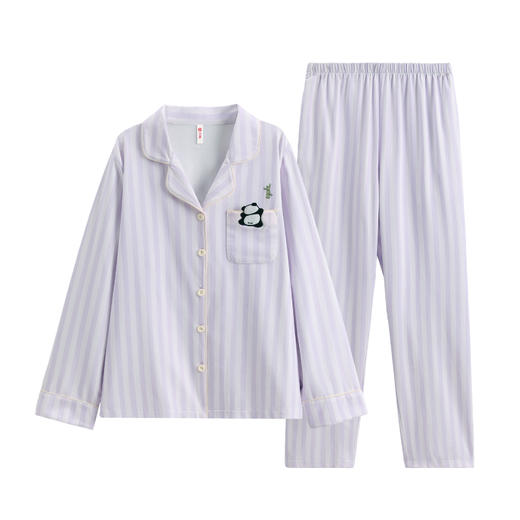 芬腾睡衣女纯棉长袖春季休闲条纹可爱熊猫大码舒适简约家居服套装 商品图0