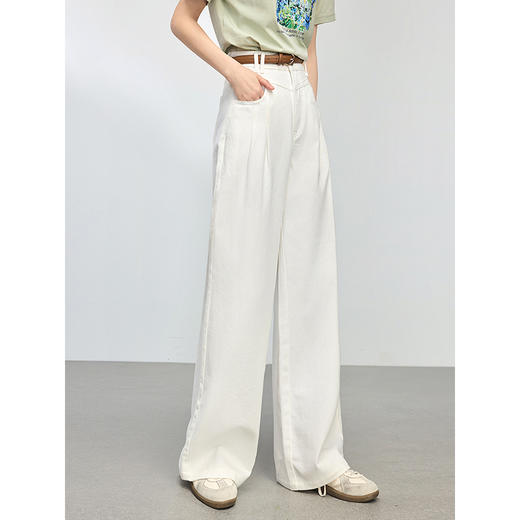 【初夏新品】熙世界白色牛仔裤宽松阔腿裤女2025春夏款高腰显瘦纯棉直筒长裤子 商品图3