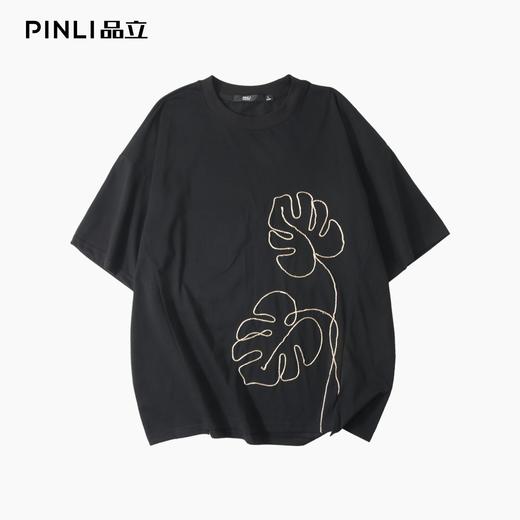 PINLI品立2025夏季新款男士树叶盘绳短袖T恤潮牌宽松休闲体恤上衣B252111027 商品图3
