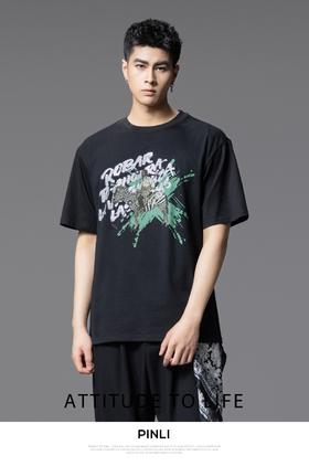 PINLI品立2025夏季新款男士字母烫钻印花圆领短袖T恤BG252111038