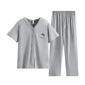 芬腾V领开衫女士夏季睡衣纯棉短袖长裤可爱透气纯色家居服套装