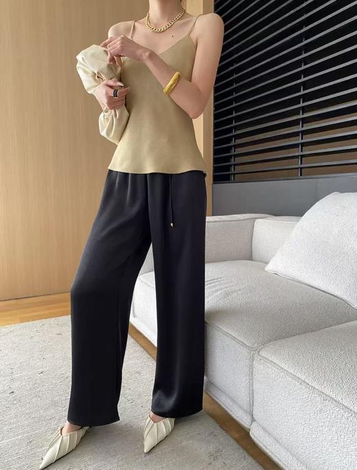 七夕福利-NO退~顺滑肌理纹缎面新中式吊坠松紧腰阔腿裤-喜出 商品图1