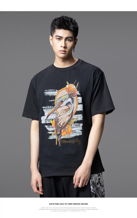 PINLI品立2025夏季新款动物印花烫钻短袖T恤男休闲圆领体恤衫上衣BG252111030 商品图0