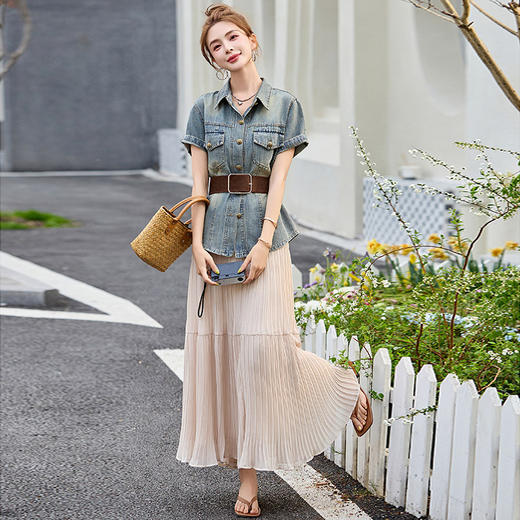 2025新款气质一整套穿搭小个子牛仔Polo领短袖衬衫半身裙套装MYL2521 商品图2