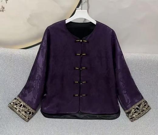 丁摩 气质矜贵国风圆领盘扣单排扣宽松复古春秋新款人丝冠乐绉外套5ZF-4076 商品图6