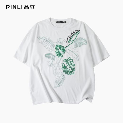 PINLI品立2025夏季新款新中式宽松短袖T恤叶子绣花盘绳休闲男上衣B252111024 商品图5