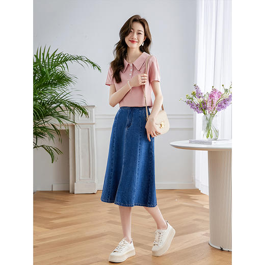 【周四狂欢价】熙世界粉色正肩POLO衫上衣女夏季2025新款刺绣休闲风翻领短袖t恤 商品图3