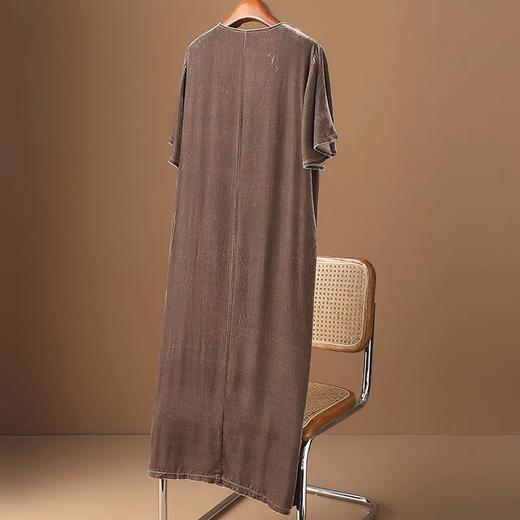 丁摩 真丝绒短袖连衣裙春夏新款系带高端桑蚕丝大码短袖连衣裙女5ZF-4074 商品图3